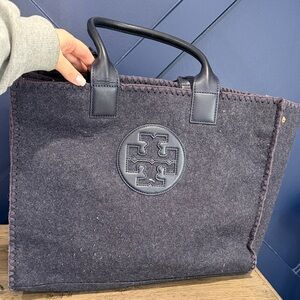 Tory Burch Navy Wool Tote with Leather Trim